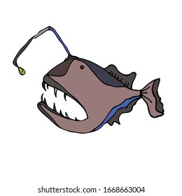 Angler fish with open mouth and lantern. Colored vector drawing. Hand drawing. Sea fishing. Sea fish. Scary fish