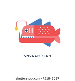 Angler fish, sea carnivorous fish geometric flat style design vector Illustration on a white background