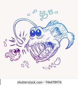 Angler fish, sea, tropical, aquarium fish. cartoon character, vector illustration.