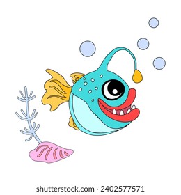 Angler fish with shells, bubbles and algae in the ocean. For posters, prints on clothes. Vector