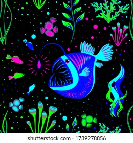 Angler Fish and small fish. Lophius piscatorius. Underwater world. Seamless pattern. Bioluminescence.