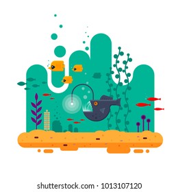 The Angler fish swims on depth among other fish, the colorful underwater world with seawood and sand - flat vector illustration