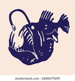 Angler fish. Underwater sea creature, marine, ocean life concept. Hand drawn modern Vector illustration. Isolated design element