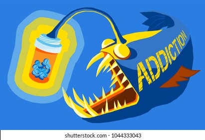 angler fish using pills in a bottle as a lure, prescription drug addiction concept