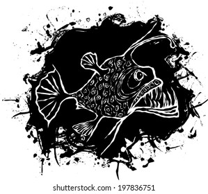 Angler fish vector design on a black abstract spot