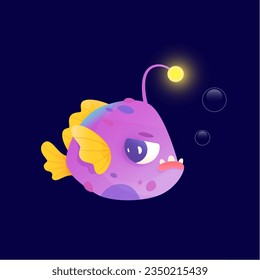 Angler fish vector illustration. Cartoon isolated scary deep water creature with light, funny ugly angry character from sea bottom and nightmares, underwater marine animal on dark blue background