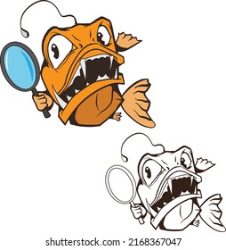 angler fish vector, angler fish with magnifying glass