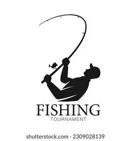 Angler fisherman fighting big fish rod and reel, fisherman drawing, logo fly fishing, vector