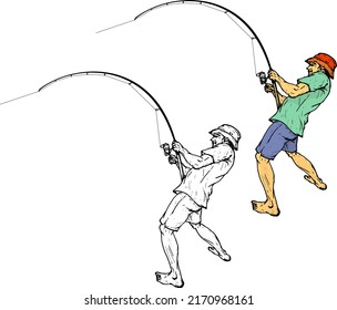 Angler fisherman reel in a heavy catch, isolated against white. Hand drawn vector illustration.