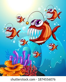Angler fishes cartoon character in the underwater scene with corals illustration