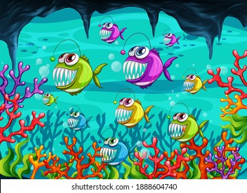 Angler fishes cartoon character in the underwater scene with corals illustration
