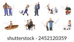 Angler fishing for fish, fishery set. Fisherman sitting in boat or wooden chair on pier, man and woman, kids holding fishing rod to catch trout in pond, river or sea cartoon vector illustration