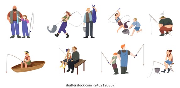 Angler fishing for fish, fishery set. Fisherman sitting in boat or wooden chair on pier, man and woman, kids holding fishing rod to catch trout in pond, river or sea cartoon vector illustration