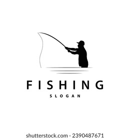 Angler Fishing Logo, Simple Outdoor Fishing Man Silhouette Template Design