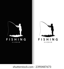 Angler Fishing Logo, Simple Outdoor Fishing Man Silhouette Template Design