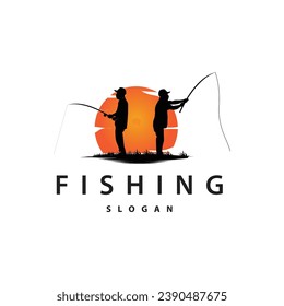 Angler Fishing Logo, Simple Outdoor Fishing Man Silhouette Template Design