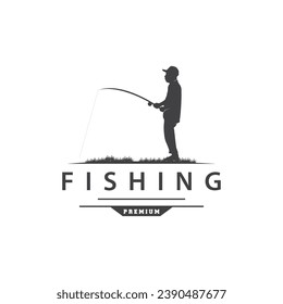 Angler Fishing Logo, Simple Outdoor Fishing Man Silhouette Template Design