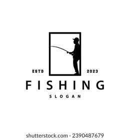 Angler Fishing Logo, Simple Outdoor Fishing Man Silhouette Template Design