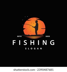 Angler Fishing Logo, Simple Outdoor Fishing Man Silhouette Template Design