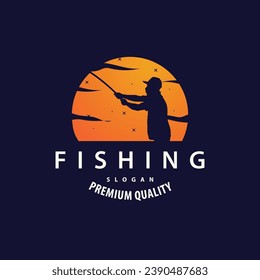 Angler Fishing Logo, Simple Outdoor Fishing Man Silhouette Template Design