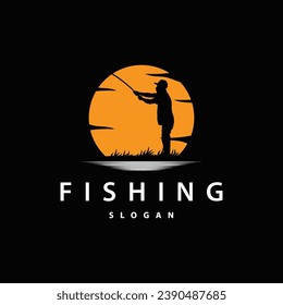 Angler Fishing Logo, Simple Outdoor Fishing Man Silhouette Template Design