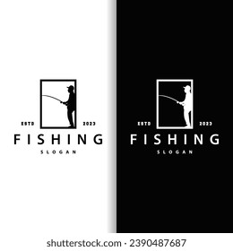 Angler Fishing Logo, Simple Outdoor Fishing Man Silhouette Template Design