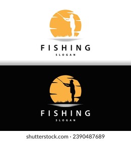 Angler Fishing Logo, Simple Outdoor Fishing Man Silhouette Template Design