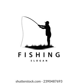 Angler Fishing Logo, Simple Outdoor Fishing Man Silhouette Template Design