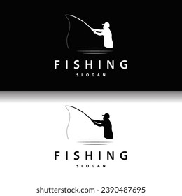 Angler Fishing Logo, Simple Outdoor Fishing Man Silhouette Template Design