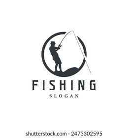 Angler Fishing Logo, Simple Outdoor Fishing Man Silhouette Template Design