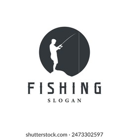 Angler Fishing Logo, Simple Outdoor Fishing Man Silhouette Template Design