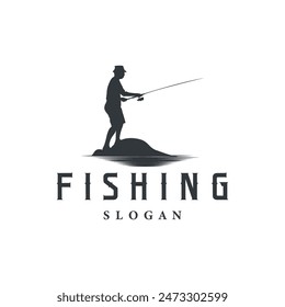 Angler Fishing Logo, Simple Outdoor Fishing Man Silhouette Template Design