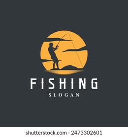 Angler Fishing Logo, Simple Outdoor Fishing Man Silhouette Template Design