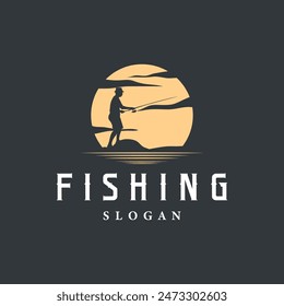 Angler Fishing Logo, Simple Outdoor Fishing Man Silhouette Template Design