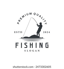 Angler Fishing Logo, Simple Outdoor Fishing Man Silhouette Template Design