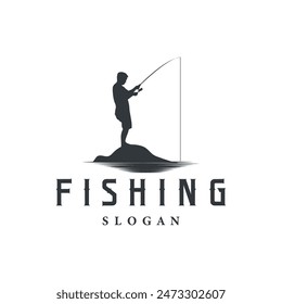 Angler Fishing Logo, Simple Outdoor Fishing Man Silhouette Template Design