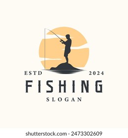 Angler Fishing Logo, Simple Outdoor Fishing Man Silhouette Template Design