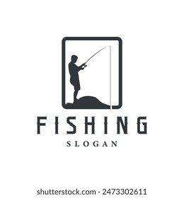 Angler Fishing Logo, Simple Outdoor Fishing Man Silhouette Template Design