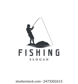 Angler Fishing Logo, Simple Outdoor Fishing Man Silhouette Template Design