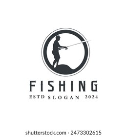 Angler Fishing Logo, Simple Outdoor Fishing Man Silhouette Template Design