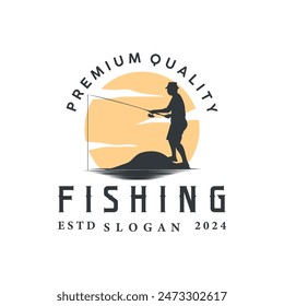 Angler Fishing Logo, Simple Outdoor Fishing Man Silhouette Template Design