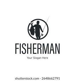 Angler logotipo de pesca, Simples pesca ao ar livre Homem Silhueta Modelo Design