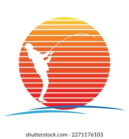 Angler Fishing logo with Sunset on white background. Outdoor sport illustration design.