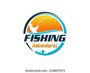 Angler Fishing Silhouette logo illustration at Sunset Outdoor design inspiration. Usable for Business and Branding Logos. Flat Vector Logo Design Template