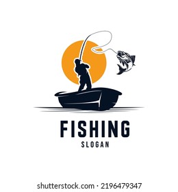 Angler fishing silhouette logo illustration at sunset logo design template