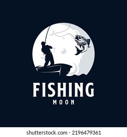 Angler fishing silhouette logo on the moon logo design template