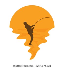 Angler Fishing Silhouette logo with Sunset on white background. Outdoor sport illustration design.