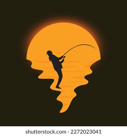 Angler Fishing Silhouette logo with Sunset on black background. Outdoor sport illustration design.