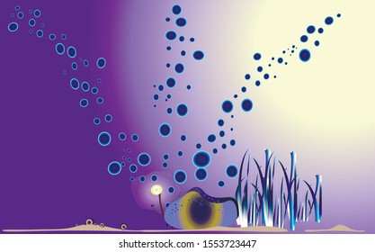 angler hiding behind a stone. bubbles and algae float around