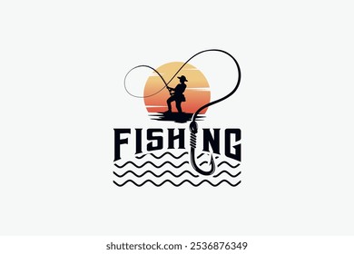 Angler logo design template throwing a hook with sunrise or sunset background